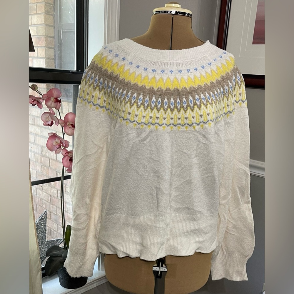 LOFT sz XL White Sweater with Yellow, Sand and Blue Accents